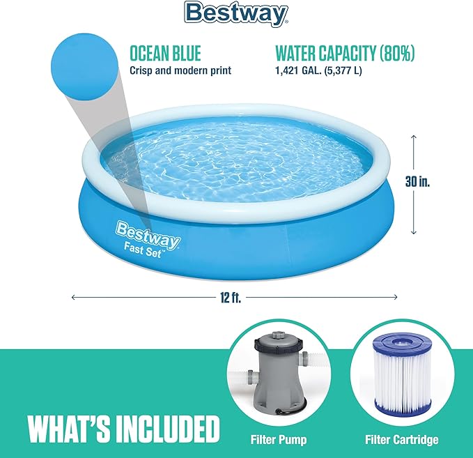 Bestway Fast Set 12 Foot x 30 Inch Round Inflatable Ring Above Ground Swimming Pool Set Easy Setup Backyard Outdoor Family Pool with Filter Pump