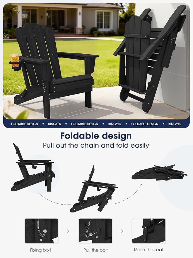 KINGYES Folding Adirondack Chair Set of 2, HDPE All-Weather Patio Chairs with Cup Holder, Wooden Textured Fire Pit Chairs for Poolside, Backyard, Deck, Black