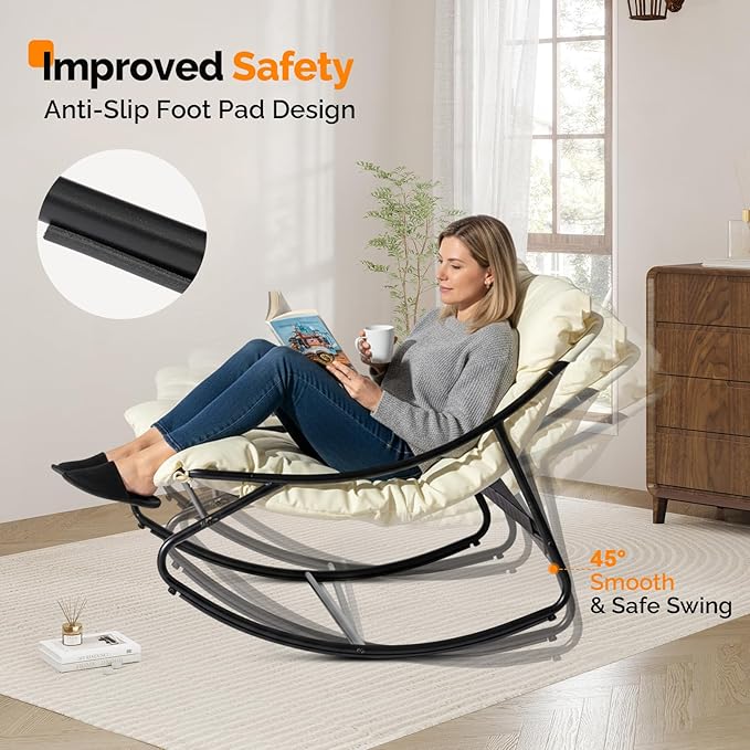 VINGLI Outdoor Rocking Chair with Ottoman, Comfortable Cushioned Lounge Chair for Indoor & Outdoor, Supports 400 LBS, White