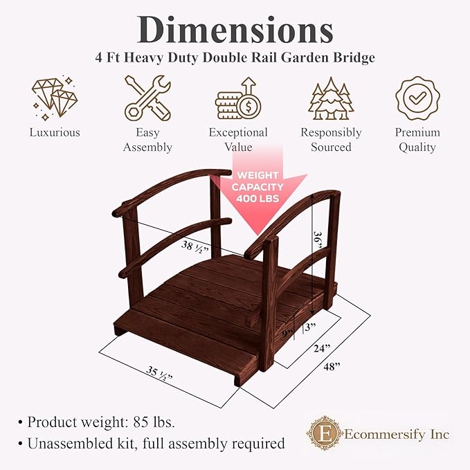4 FT MAHOGANY Amish Made Garden Bridge with DOUBLE RAILS for Walkway, Backyard Pond & Landscaping, Outdoor Wooden Footbridge for Koi Pond, Japanese Style Decorative Bridge, Made in USA