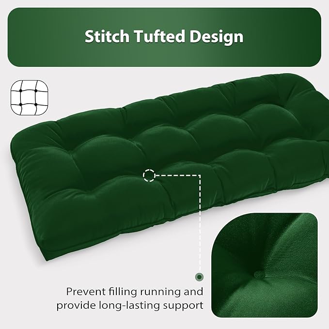 Tufted Bench Cushions for Outdoor Furniture, 48" x 18" Porch Swing Cushions Filled with Foam, Overstuffed Patio Cushions for Bench Loveseat with 2-3 Seats,Thick and Water Resistant, Forest Green
