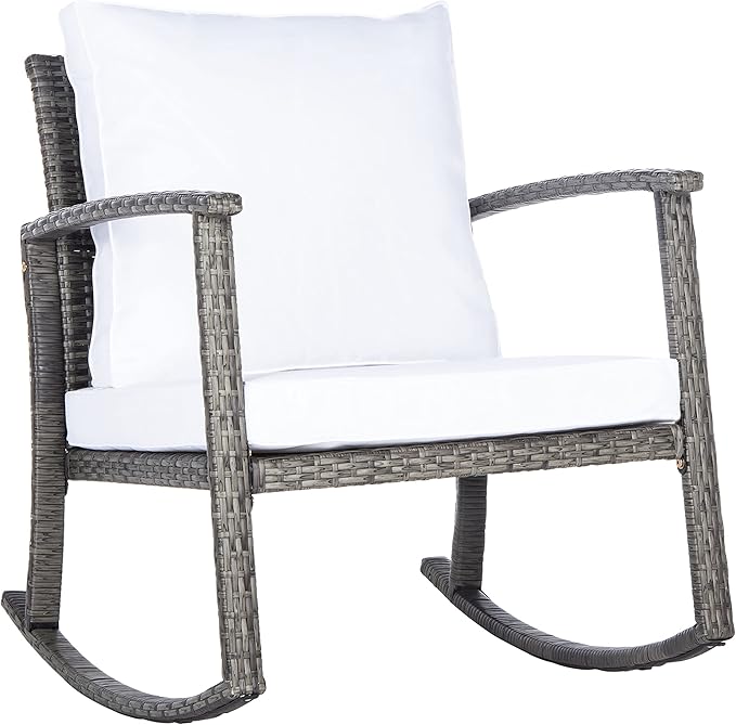 SAFAVIEH Outdoor Collection Daire Woven Grey Brown/White Cushion Rocking Chair for Patio Porch Backyard Sunroom
