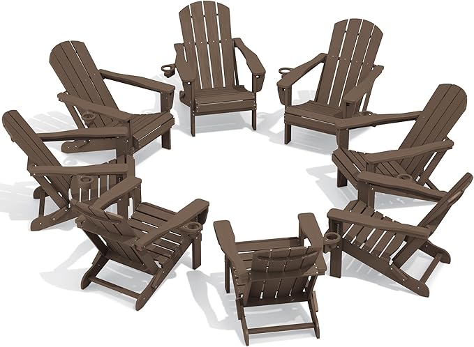 SERWALL Folding Adirondack Chair Set of 8, Adjustable Adirondack Chair with 3 Recline Positions, All Weather HDPE Outdoor Adirondack with Cup Holders, Coffee