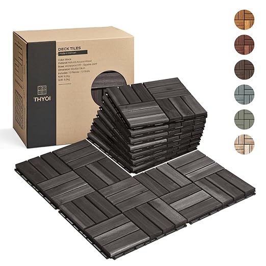 10 Pcs Deck Tiles, Patio Flooring - Outdoor Waterproof Acacia Wood Tiles for All Weather Use - Balcony, Backyard, Indoor & Outdoor (Espresso Crossed Pattern, 10 Square Ft)
