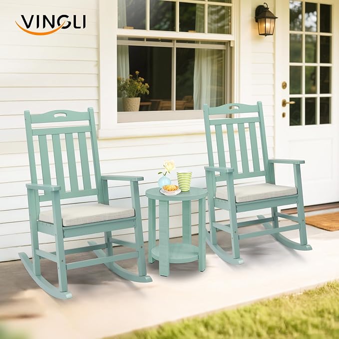 VINGLI Outdoor Rocking Chair, Heavy Duty 450 lbs Poplar Wooden Rocking Chair with High Backrest Design, Come with a Cushion, All-Weather Lounge Rocker Support for Garden, Deck (Mine Green)