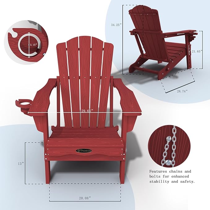 Folding Adirondack Chair Set of 4,HDPE All-Weather Outdoor Chair with Cup Holder,Wooden Textured,Fire Pit Chair,Plastic Patio Chair for Deck,Backyard,Garden,Lawn(Red)