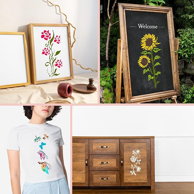 Large Flower Stencils for Painting, 6PCS 12 x 6 Inch Craft Stencils for Decorating Furniture, Fence, Walls, and Windows