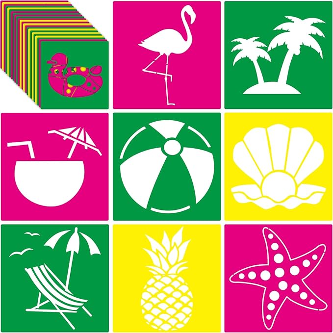 24 Pieces Summer Stencils for Kids 8 Inches Drawing Chalk Stencils Large Washable Aloha Themed Primary Shape Template for Kids Toddlers Preschooler