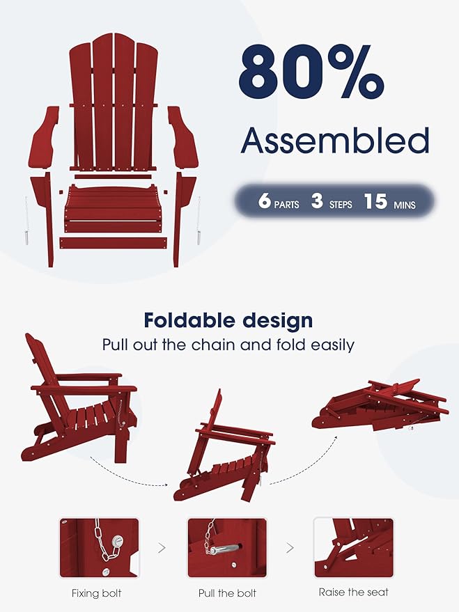 KINGYES Folding Adirondack Chair, HDPE All-Weather Patio Chairs, Wooden Textured Lawn Chair for Poolside, Backyard, Deck, Fire Pit, Red