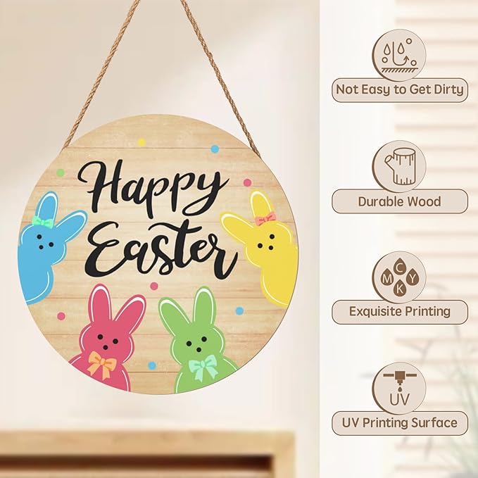 Easter Bunny Door Sign for Home Decorations Happy Easter Rabbit Door Hanger Wooden Hanging Holiday Wall Porch Outdoor Signs
