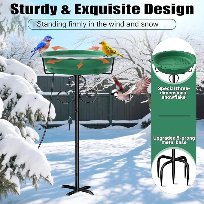 Heated Bird Baths for Outdoors, 100W Heated Birdbath Bowl for Outdoors for Winter with 5-Prong Metal Base Thermostat Control, Heated Bird Bath for Outside Winter Garden Patio Yard Lawn (Green)