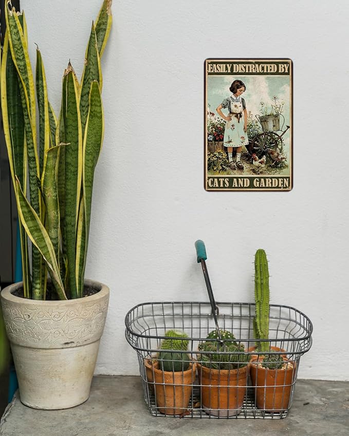 Garden Metal Sign, Easily Distracted By Cats And Garden Funny Girl and Chicken Sign, Retro Backyard Fence Poster, Vintage Yard Gardening Decor Outdoor, Gardening Gift for Woman, Grandma 8 * 12"