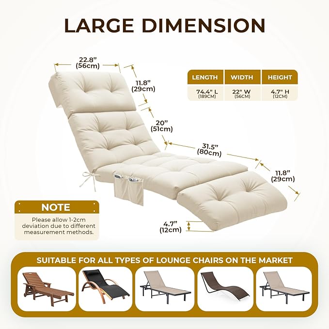 Outdoor Chaise Lounge Chair Cushion Waterproof 74.4 x 22 x 4.7 Inches Lounge Chair Cushions Replacement for Outdoor Furniture with Ties and Pocket, Thickened Pool Lounge Chair Cushions, Cream