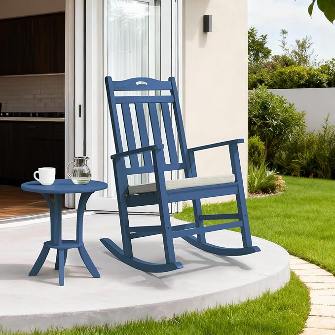 VINGLI Outdoor Rocking Chair, Heavy Duty 450 lbs Poplar Wooden Rocking Chair with High Backrest Design, Come with a Cushion, All-Weather Lounge Rocker Support for Garden, Deck (Navy Blue)