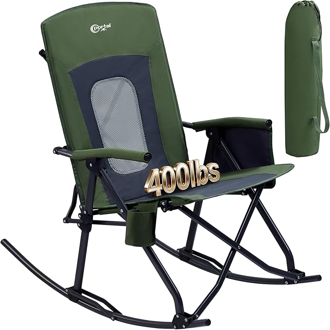 PORTAL Oversized Folding Rocking Camping Chair Portable Outdoor Rocker with High Back Hard Armrests Carry Bag, Supports 400 lbs