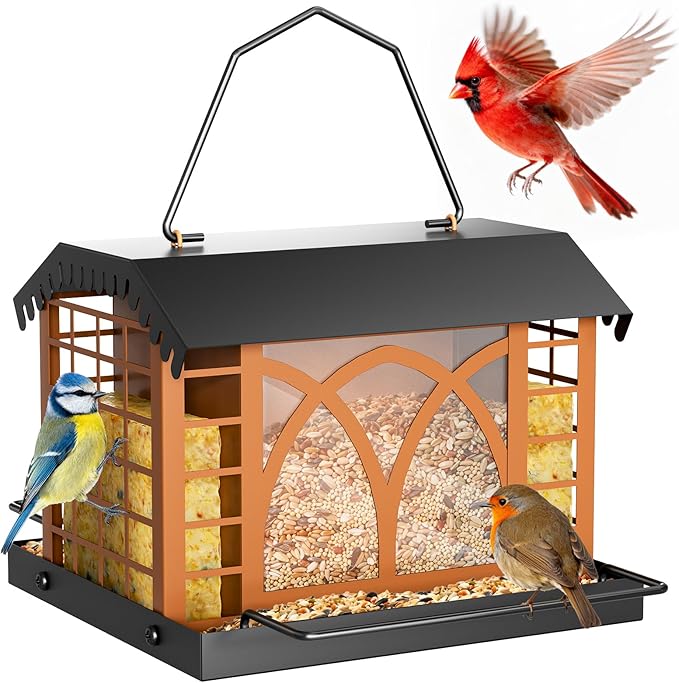 Bird Feeders for Outdoors Hanging, Metal Bird Feeder with Double Suet Cage Weatherproof Metal Roof, 3.5Lbs Large Capacity Great for Attracting Finch Cardinal Chickadee Wild Birds, Pinecone Brown