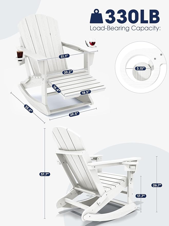 KINGYES Adirondack Rocking Chair Set of 2 with Retractable Ottoman and Cup Holders, HDPE Adirondack Rocker Patio Rocking Chair for Porch, Patio, Balcony, White