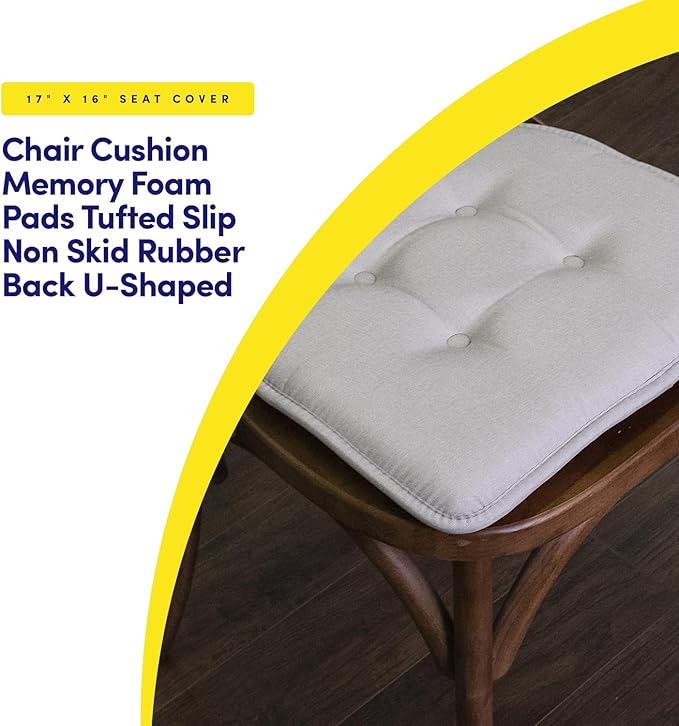 Sweet Home Collection Chair Cushion Memory Foam Pads Tufted Slip Non Skid Rubber Back U-Shaped 17" x 16" Seat Cover, 2 Count (Pack of 1), Light Gray