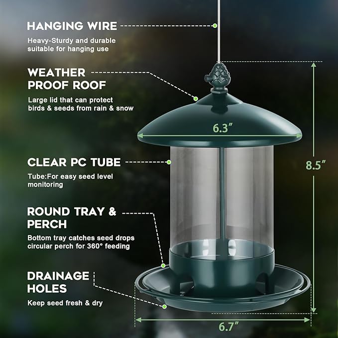 Metal Bird Feeders for Outdoors Hanging, Weather Resistant Wild Bird Feeder with 360 Degree Feeding Tray, Green