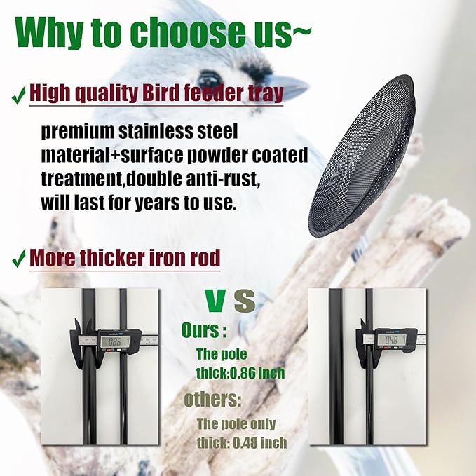 Standing Bird Feeder Tray,11.8" Stainless Steel Large Platform Bird Feeder Mesh Seed Tray with Adjustable Heavy Duty Stand Birds Feeder Pole for Outside Wild Birds in Garden Backyard