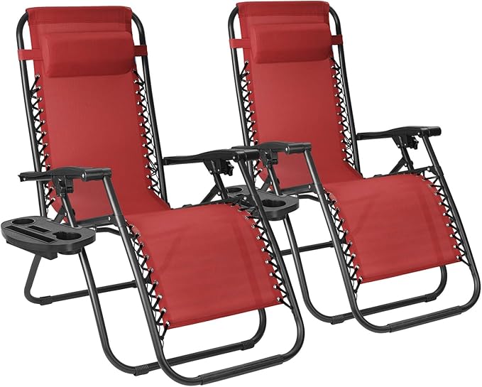 Flamaker Patio Zero Gravity Chair Outdoor Folding Lounge Chair Recliners Adjustable Lawn Lounge Chair with Pillow for Poolside, Yard and Camping (Red)