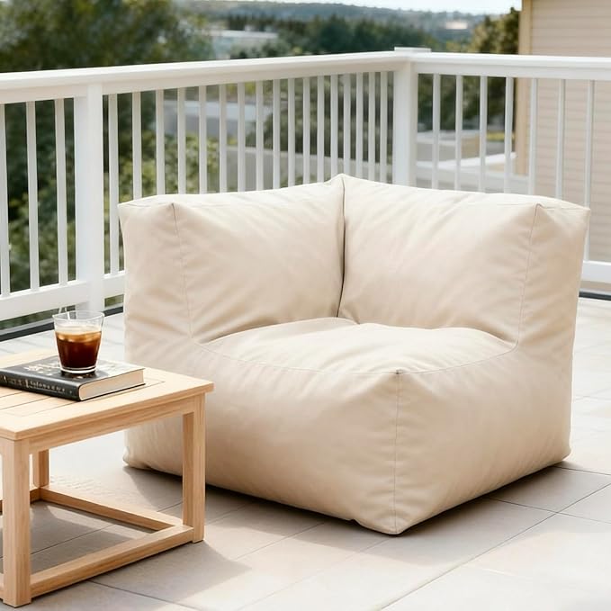 Patio Corner Chair, Outdoor Armrest Bean Bag Chair, Daybed Sofa Comfy Couch, Modular Patio Sectional Sofa, Water-Resistant Olefin Fabric, High-Density Foam Filled, Comfy Lounge Seat, Light Beige