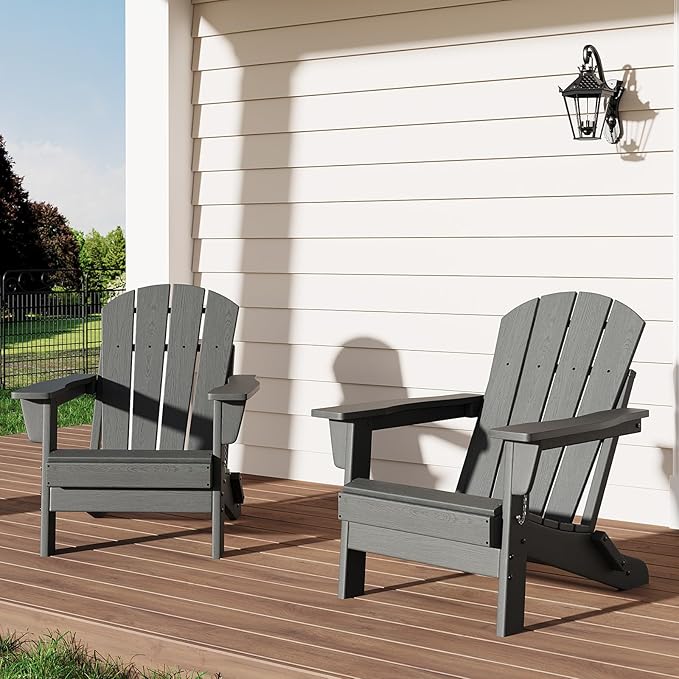 GarveeLife Folding Adirondack Chairs Set of 2, HDPE Plastic Outdoor Chairs with Wood Texture - 380 LBS & Weather Resistant for Fire Pit, Deck, Patio, Pool, Backyard - Gray