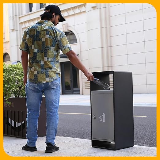 Commercial Outdoor Trash Can with Lid,Rust-Resistant Waterproof Windproof Garbage Can with Removable Inner Barrel, Lockable Stainless Steel Trash Bin for Patio Hotel Park Garden(Gray)