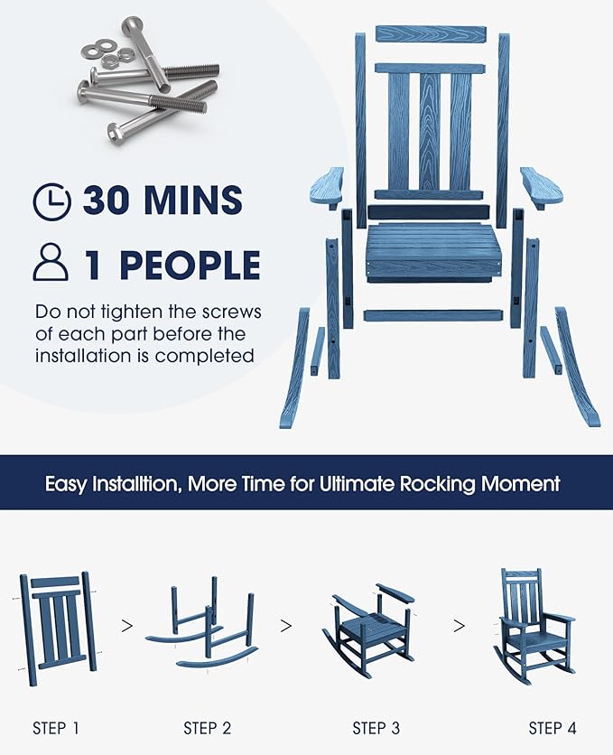 KINGYES Outdoor Rocking Chair Set of 4, All-Weather Patio Rocking Chairs for Porch, HDPE Rocking Outdoor Chairs with High Back for Adult, Heavy Duty Outdoor Patio Rockers for Garden, Lawn, Blue