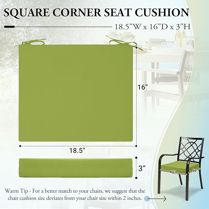 Wellsin Outdoor Chair Cushions for Patio Furniture - Outdoor Cushions for Chairs - Water Resistant Patio Chair Cushions Set of 4, 18.5"X16"X3", Grass Green