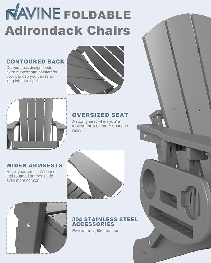 Adirondack Chair Set of 8, HDPE Folding Adirondack Chair with Multifunctional Cup Holder, Weather Resistant Fire Pit Chair for porches, patios, poolsides, Decks.