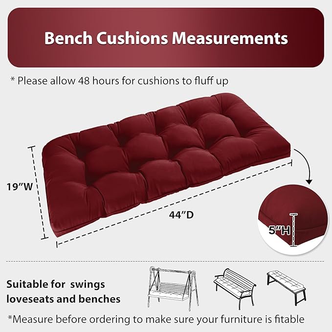 Tufted Bench Cushions for Outdoor Furniture, 44" x 19" Porch Swing Cushions Filled with Foam, Overstuffed Patio Cushions for Bench Loveseat with 2-3 Seats,Thick and Water Resistant, Burgundy