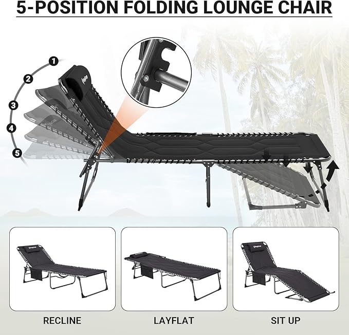 KingCamp Set of 2 Oversize Padded Folding Chaise Lounge Chair for Outdoor, Patio, Beach,Lawn, Sunbathing, Tanning, Pool, Lay Flat Heavy-Duty Adjustable Reclining Chairs with Pillow, Support 330lb