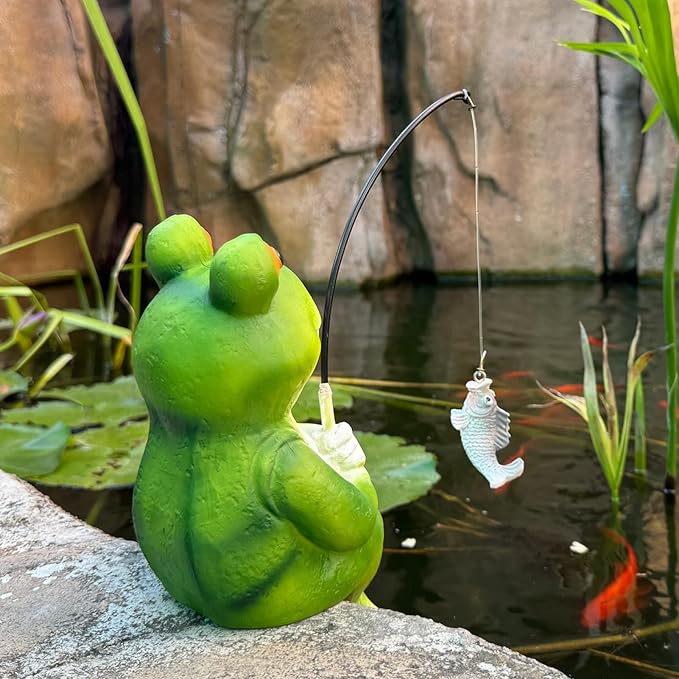 Garden Frog Pond Statue Decoration, Fishing Frog Garden Statue Outdoor Koi Pond or Waterfall Decor, 9.5" Frog Figurine Fishing Poolside Statue, Frog Gifts for Mom