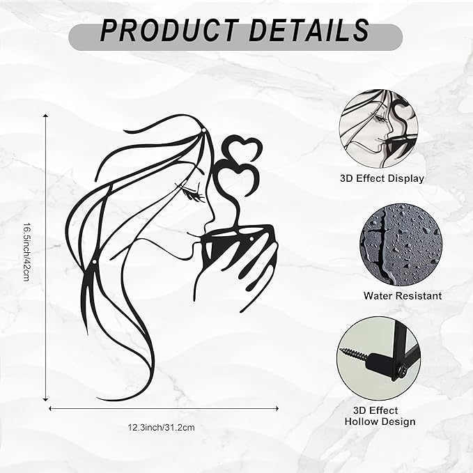 LIYAOLI 3D Black Metal Coffee Wall Art Bar Sign Decor,Kitchen Line Art Wall Decor,Woman Drinking Coffee Wall Sculptures,Unique Modern Wall Art for Living Room,Bedroom