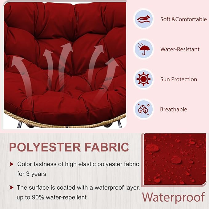 Outdoor Rocking Chair Cushion – Waterproof Wicker Egg Chair Replacement Pad, Thick Papasan Seat Cushion with Ties for Indoor & Outdoor Patio, Porch, Balcony, or Garden (Red)