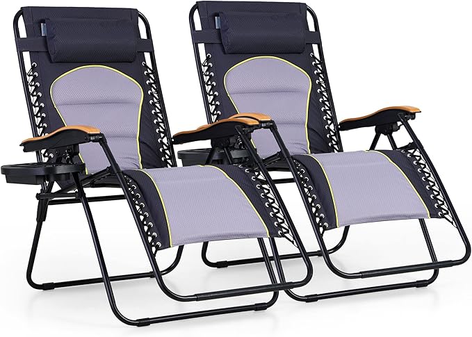 PHI VILLA XXL Oversized Padded Zero Gravity Chair Set of 2, Foldable Patio Recliner, 30" Wide Seat Anti Gravity Lounger with Armrest and Cup Holder, Support 400 LBS (Grey Accents)