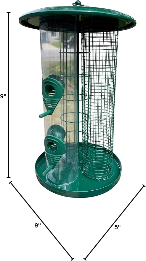 Garden Guru Outdoor Tube Bird Feeder for Small Wild Birds – Premium Coated Steel & Metal Seed Guard - Chew Proof, Weather Resistant – Bird Feeder for Seed Nut Suet Ball - 3-in-1 Triple Bird Feeder