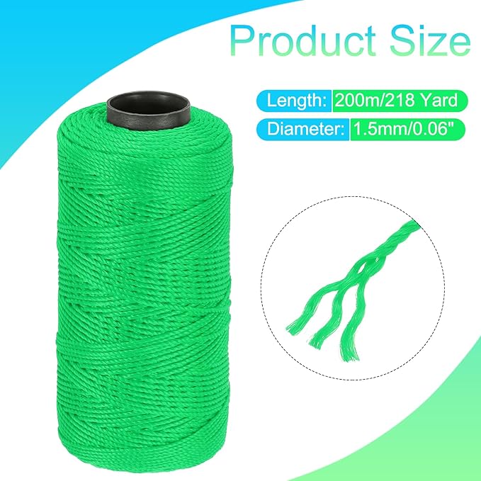 MECCANIXITY Nylon String 3 Strands Twisted Mason Line 1.5mm x 218 Yards Nylon Twine String for DIY Projects, Home Improvement, Gardening, Gift Wrapping, Christmas Party Supplies, Fruit Green