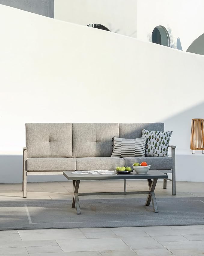 3 Seats Patio Furniture Sofa, Outdoor Aluminum Couch with 5.9'' Soft Cushion, 3-Seater All-Weather Outdoor Patio Furniture Sofa Couch for Balcony, Poolside, Lawn, White Oak