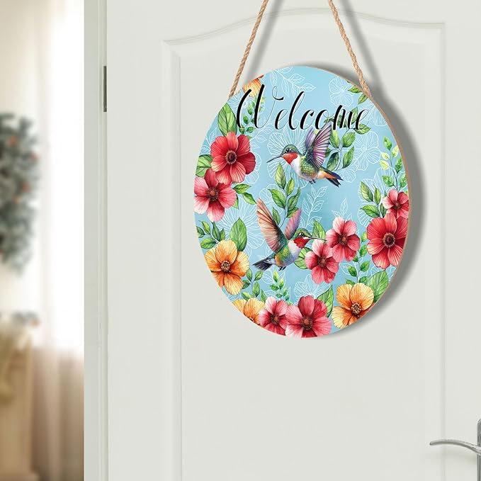 Welcome Spring Hummingbird Door Sign For Front Door Decor,Spring Summer Red Yellow Flower Leaves Wooden Sign 12"x 12" Round Seasonal Hanging Door Sign Decoration for Rustic Decor