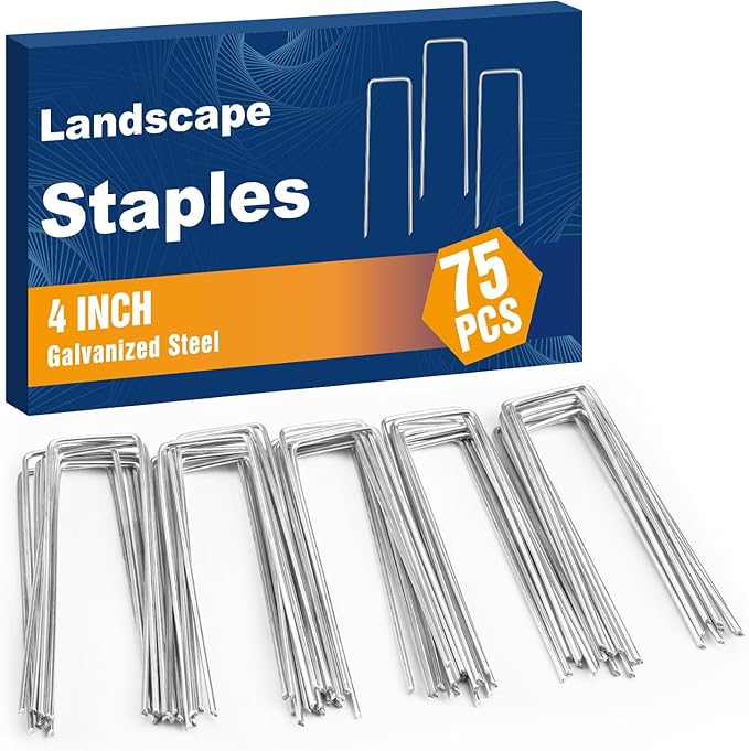 Whonline 75 Pack Landscape Staples 4 Inch, Galvanized Garden Stakes U-Shaped SOD Landscaping Fabric Pins Yard Ground Staples for Gardening Lawn Turf Securing Irrigation Pipe Hose Plant Cover