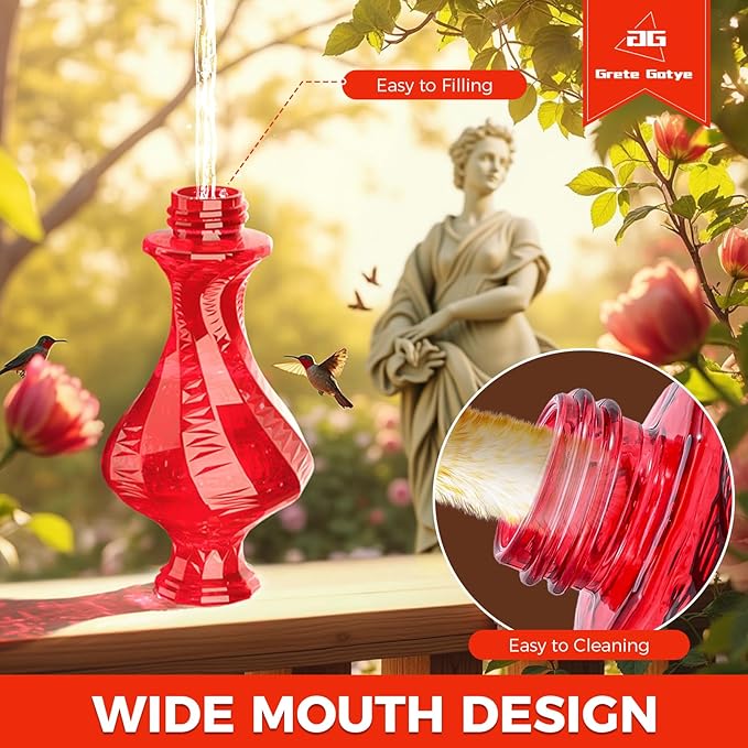 Glass Hummingbird Feeder for Outdoors Hanging, Bird Nectar Feeder with Perch & 5 Flower Feeding Ports, 20 Oz Leak Proof for Outside Garden Decor Backyard, Gifts for Women Mom, Red