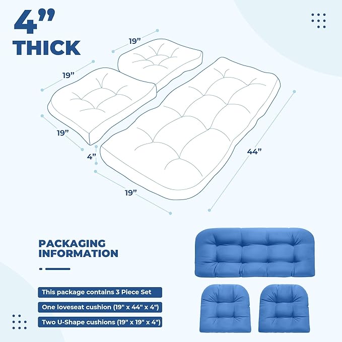Wicker Chair Cushions, Waterproof Outdoor Loveseat Cushions for Patio Furniture, Tufted Wicker Furniture Cushions, 1 Loveseat and 2 U-Shaped Cushions, Royal Blue