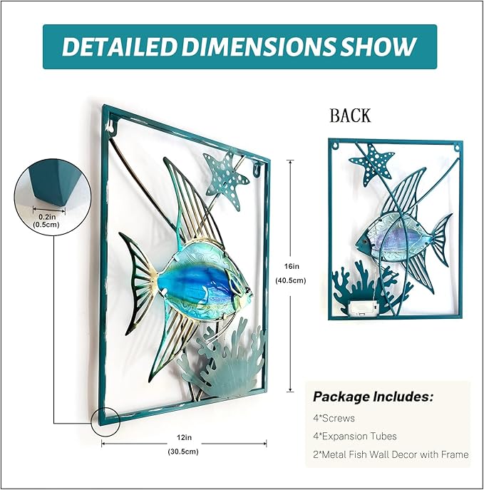 LIFFY Metal Fish Wall Decor with Frame-Outdoor Wall Art, Wall Decor with LED Fairy Lights, Fish Glass Art Wall Sculpture for Patio,Beach,Garden,Yard,Pool,home gift(2pcs, Blue)