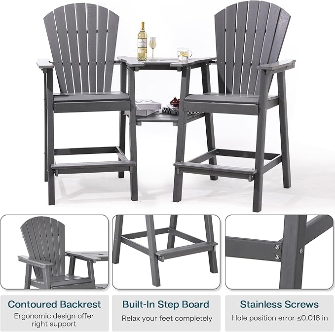 Tall Adirondack Chairs Set of 4, HDPE Balcony Chair with Double Connecting Tray, Weather Resistant Outdoor Adirondack Bar Stools for Patio, Deck, Patio, Backyard, Balcony. (Grey)