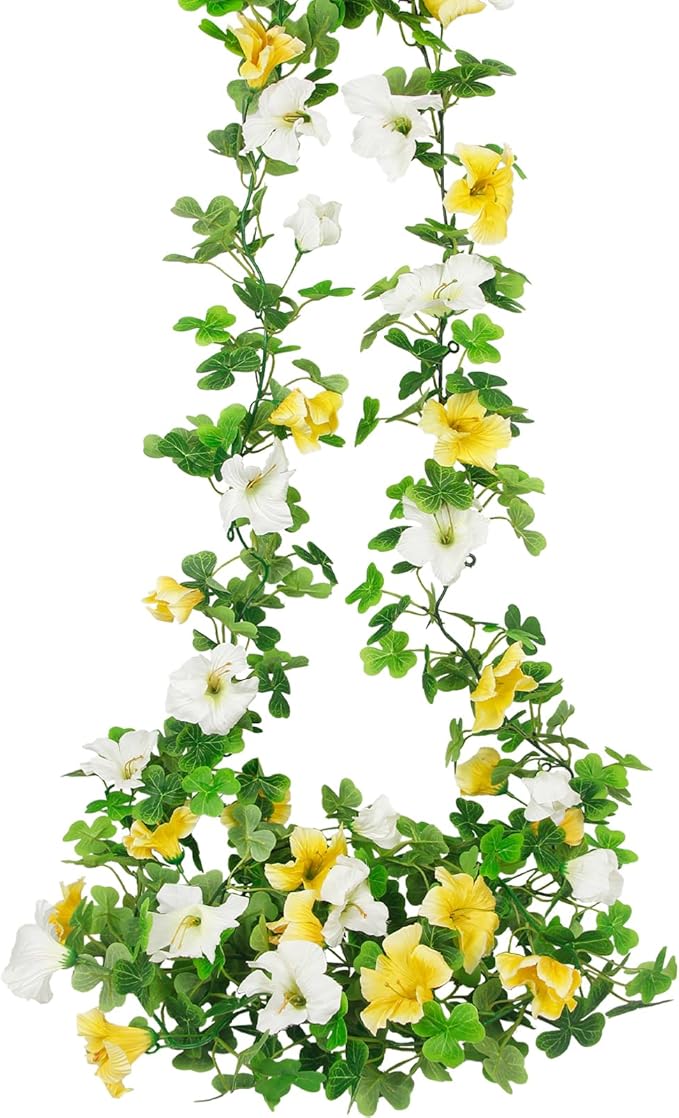 2 Pcs Artificial Flowers Vines Outdoors Silk Petunias Garland Spring Flowers Garland for Mantle 11FT Fake Morning Glory Hanging Vines Plants for Mailbox Fence Wedding Banquet Decor White Yellow