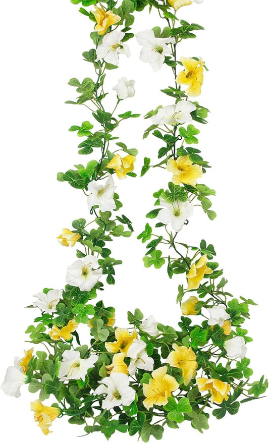 2 Pcs Artificial Flowers Vines Outdoors Silk Petunias Garland Spring Flowers Garland for Mantle 11FT Fake Morning Glory Hanging Vines Plants for Mailbox Fence Wedding Banquet Decor White Yellow