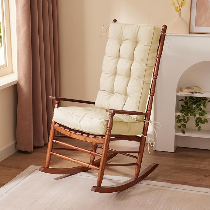 Rocking Chair Cushion, Waterproof and Fade-Resistant Patio Chair Cushions, Tufted Chair Pads for Rocker Furniture, 18x18 Inch, Indoor/Outdoor Seat Cushions with Ties, Beige