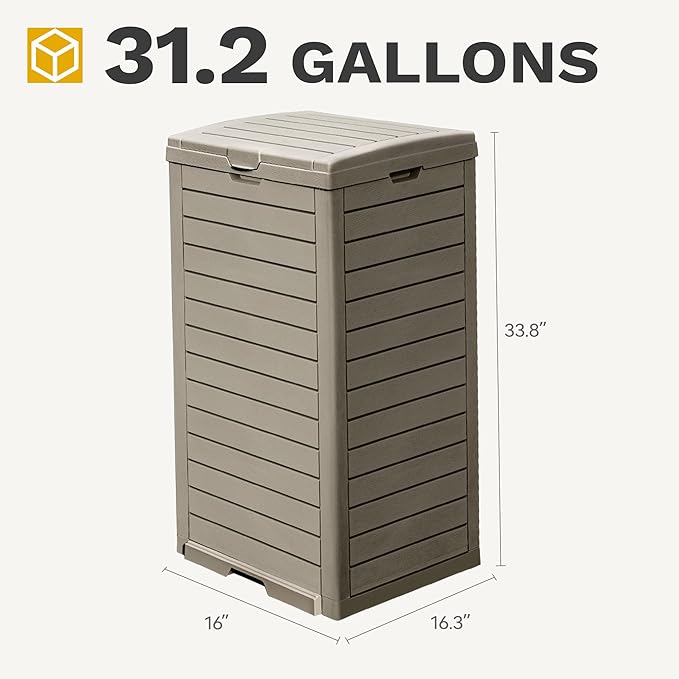 DWVO 38 Gallon Outdoor Trash Can with Lid & Drip Tray, Waterproof Hideaway Garbage Bin, Waste Container for Patio, Backyard, Deck, Garden, Easy Assembly & Clean (Taupe)